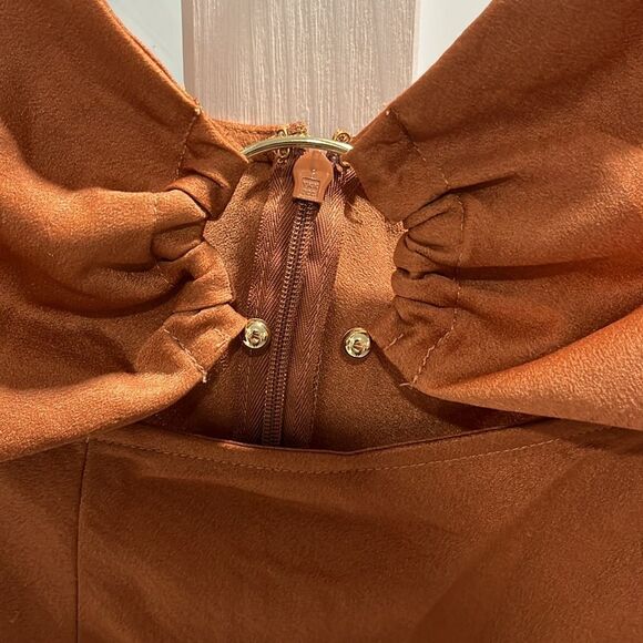 MESHKI (NWT) Harriet Satin Midi High Split Dress, Biscuit, Size L - Picture 3 of 15